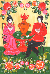 Tea-drinking of two young people and flowers are painted with tempera paint in the style of Russian folk traditional Gorodets painting. Gorodets painting was invented by Russian peasants in the 18th 