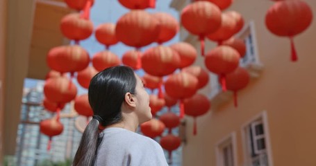 Sticker - Asian woman look at the red lantern