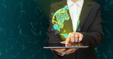 Poster - abstract globe with particles and plexus structure. Digital technology planet with continent forming. Triangulated structure. Glows and particles