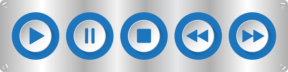 blue, white music control buttons with screws