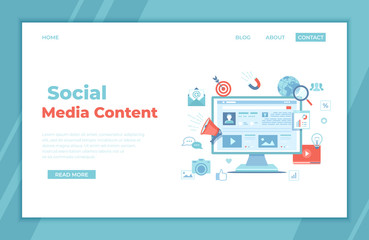 Wall Mural - Social Media Content Strategy, management, services, development, marketing success, social sharing, web traffic. Monitor screen with text, photo, video, headlines with icons. landing page, banner