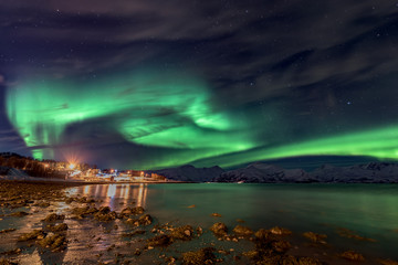 Wall Mural - Amazing aurora borealis - northern lights - view from coast in Vagnes, near Tromso city -  north Norway