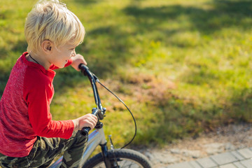 Wall Mural - Happy kid boy of 5 years having fun in the park with a bicycle on beautiful day