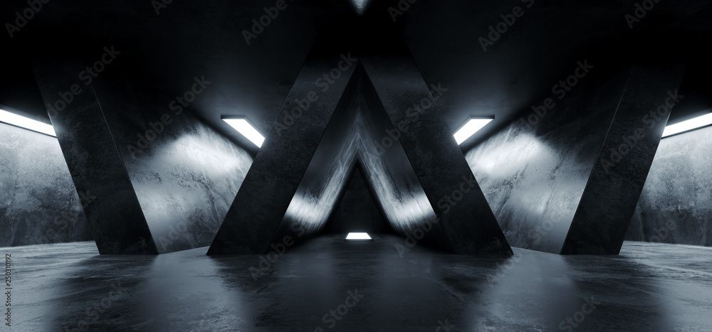 Triangle Shaped Grunge Concrete Sci Fi Futuristic Elegant Empty Dark Reflective Big Hall Scene Alien Ship Room Tunnel Corridor Glowing Studio Lights 3D Rendering - obrazy, fototapety, plakaty 