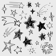 Set Of Black Hand Drawn Vector Stars In Doodle Style Isolated On White Background. Could Be Used As Pattern Element, Cards, Childish Design