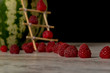 © Fordvika - Watermelon house for raspberries. Ladder of chopsticks. Close-up, black background, isolated, place for text.