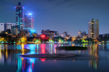 Sticker - Hanoi Vietnam cityscape at night. City urban skyline of old town district