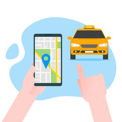 Ordering online taxi on smartphone vector illustration, flat carton design of mobile phone, taxicab in bubble, city map location destination, person calling or taking taxi in cellphone isolated