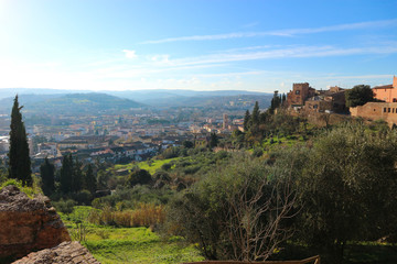 Panoramic view to Certaldo old and new town under the blue winter sky, Tuscany, Italy