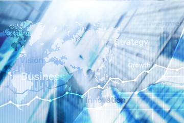 Business abstract background double exposure graph, chart and diagram. World wide map and. Global business and financial trading concept.