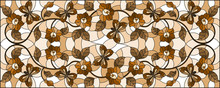 Illustration In Stained Glass Style With Abstract Curly  Flower And  Butterfly On Brown Background , Horizontal Image,Sepia,monochrome