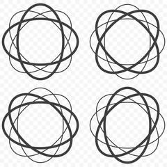 A set of four different trajectories, the movement of electrons and protons in the atomic field. Vector on transparent background