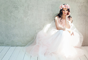 beautiful bride woman in tulle roses wedding dress, lifestyle portrait