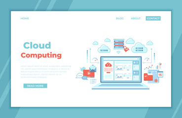 Wall Mural - Cloud computing and web services, technology, data storage, hosting, connection. Login page and password on laptop screen, server, infographic elements. landing page, banner