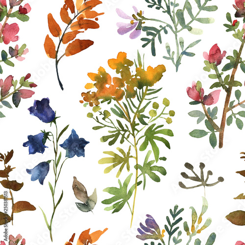 Seamless pattern with watercolor flowers hand drawn colorful beautiful floral...