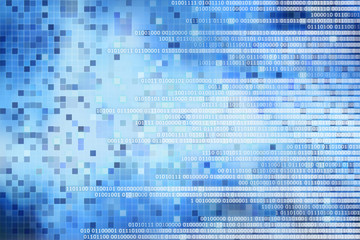 Wall Mural - digital computer data concept. white binary code text on blue pixel blocks abstract background. design for artificial intelligence computer technology and digital business development concepts.