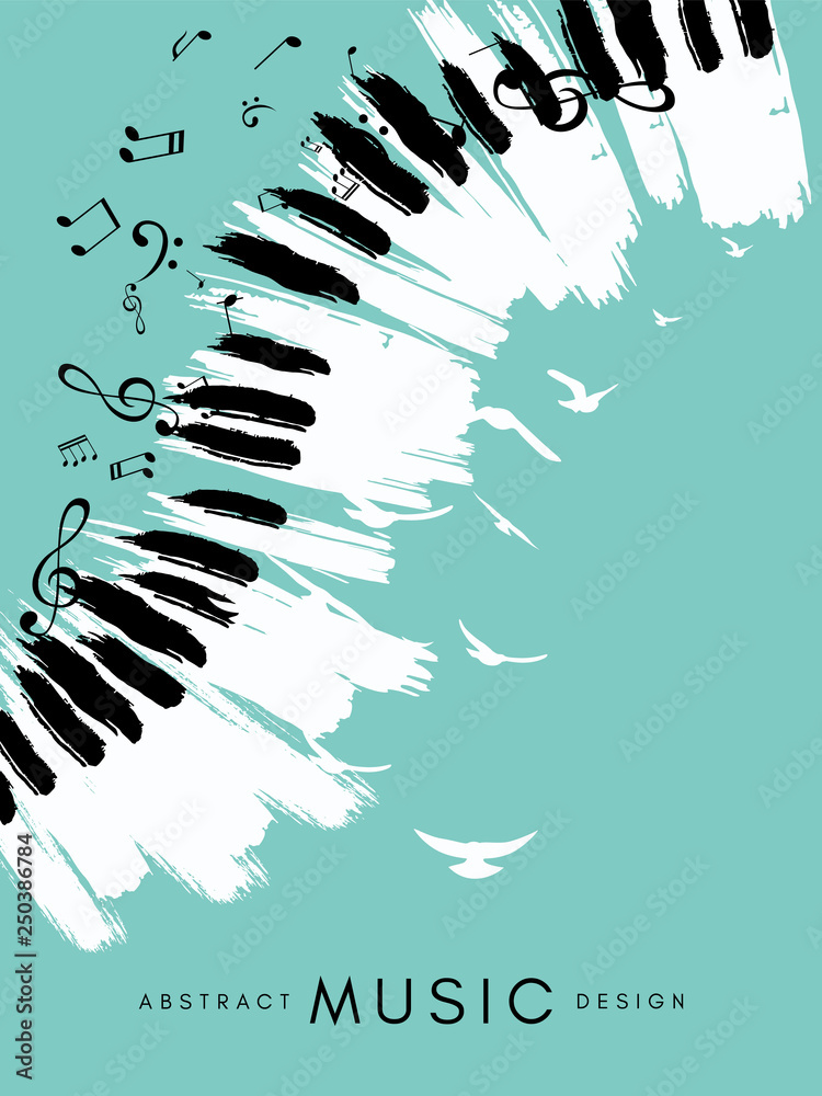Piano concert poster. Music conceptual illustration. Abstract style blue background with hand drawn piano keyboard, notes and birds - obrazy, fototapety, plakaty 