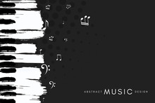 Piano Concert Poster. Music Conceptual Illustration. Abstract Style Black Background With Hand Drawn Piano Keyboard And Notes.