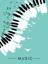 Piano Concert Poster. Music Conceptual Illustration. Abstract Style Blue Background With Hand Drawn Piano Keyboard, Notes And Birds