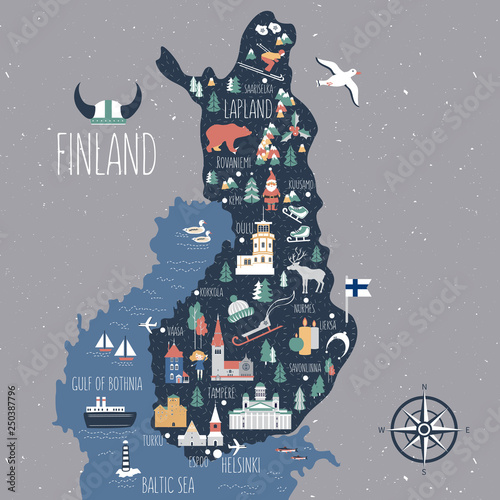Cuadros en Lienzo Finland travel cartoon vector map, Finnish landmarks, symbols, animals, flat bui