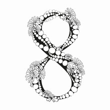 Flower Number 8.Vector Graphic Floral Numbers - Digit 8 With Black White Inked Flowers Bouquet Composition And Beads