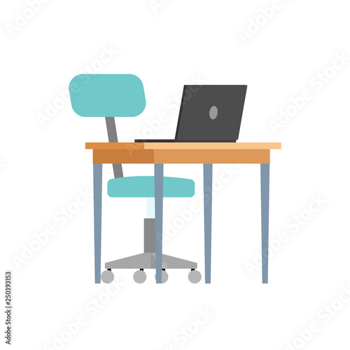 Work Place Computer Desk With Open Laptop Office Chair On Wheels