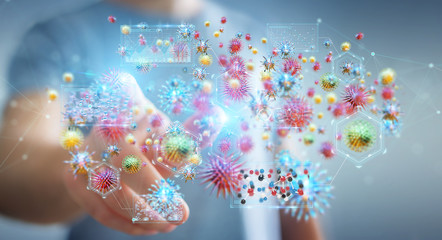 Poster - Businessman analyzing bacteria microscopic close-up 3D rendering