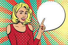 Sexy Woman With Squinted Eyes And Open Mouth. Vector Background In Comic Style Retro Pop Art. Girl With The Speech Bubble. Advertising Pop Art Poster Or Invitation To A Party. Face Close-up.