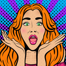 Sexy Woman With Wide Open Eyes And Mouth And Rising Hands. Vector Background In Comic Style Retro Pop Art.  Advertising Pop Art Poster Or Invitation To A Party.