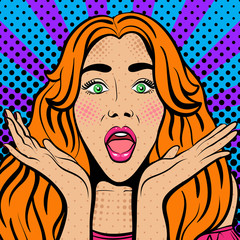 Sexy woman with wide open eyes and mouth and rising hands. Vector background in comic style retro pop art.  Advertising Pop Art poster or invitation to a party.