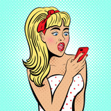 Fototapeta Młodzieżowe - Attractive sexy girl with open eyes and mouth, with phone in the hand in comic style. Pop art woman holding smartphone. Digital advertisement female model reading the message. Vector Illustration.