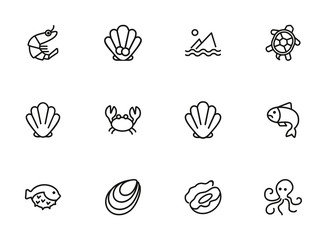 Poster - Seafood line icon set. Shrimp, seashell, turtle