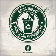 alternative recycling day stamp containing: two environmentally sound eco motifs in circle frames, grunge ink rubber stamp effect, textured paper background, eps10 vector illustration