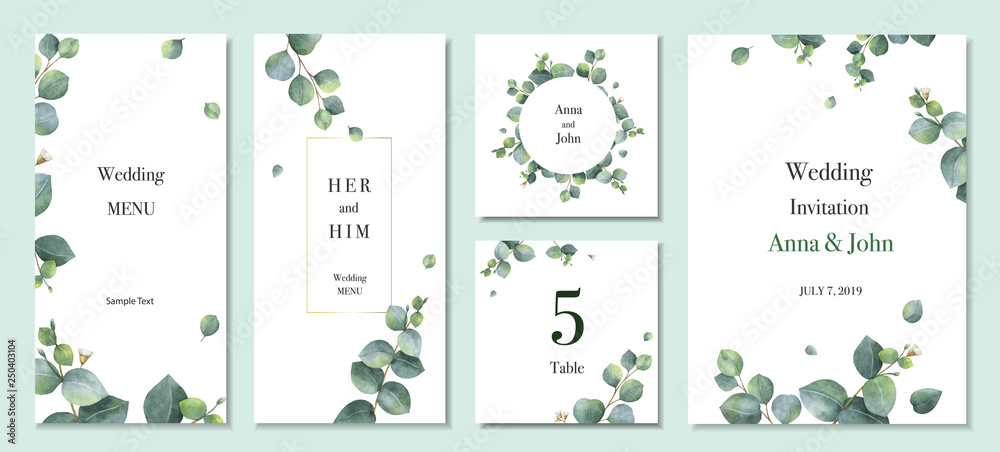 Watercolor vector set wedding invitation card template design with green eucalyptus leaves. - obrazy, fototapety, plakaty 