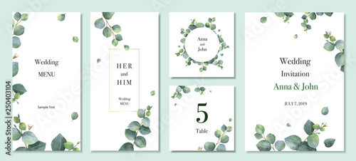Fotomural Watercolor vector set wedding invitation card template design with green eucalyptus leaves