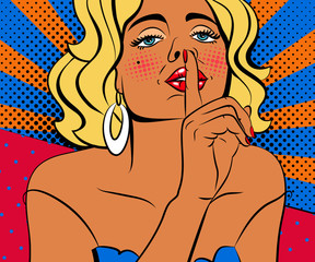 Wall Mural - Sexy pop art woman with beautiful eyes and mouth. Vector background in comic style retro pop art.  Face close-up.