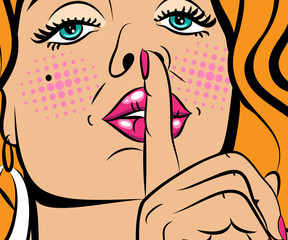 Wall Mural - Sexy blond pop art woman with beautiful eyes and mouth. background in comic style retro pop art.  Face close-up.