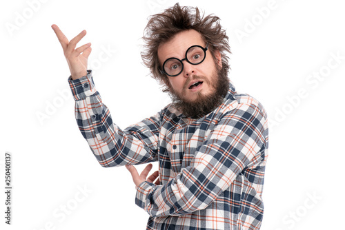 Crazy Bearded Man With Funny Haircut In Eye Glasses Ponder And