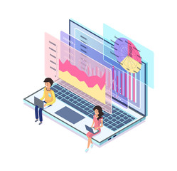 Poster - Digital marketing and online business, laptop with graphics and charts vector. Male and female marketologists with computer, Internet market research