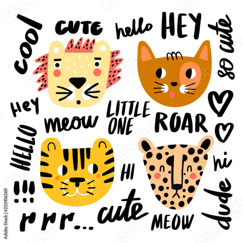 Download Funny Doodle Cats Collection Guepard Lion Cat And Tiger Vector Illustration Set Of Cute Cartoon Cat Species Of Animals Cute Lettering Vector Set Stock Vector Adobe Stock