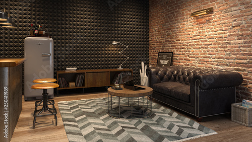 Fotomural Interior of modern man living room with bar 3D rendering
