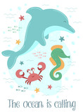 Fototapeta Konie - Vector image of a dolphin, crab and seahorse underwater. Marine hand-drawn illustration for girl, birthday, holiday, summer party, card, print, clothes. The ocean is calling.