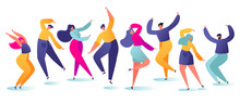Set Of Young Happy Dancing People. Party Dancer Character Male And Female Isolated On White Background. Young Men And Women Enjoying Dance Party. Colorful Vector Illustration.