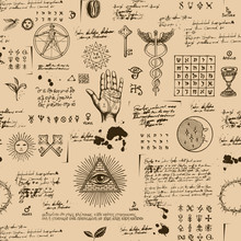 Vector Seamless Background On The Theme Of Mysticism, Magic, Religion And The Occultism With Various Esoteric And Masonic Symbols. Medieval Manuscript With Sketches, Blots And Spots In Retro Style