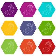 Wall Mural - Treadmill running, gym equipment icons 9 set coloful isolated on white for web