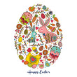 © vyazovskaya - Decorative Easter card with Easter egg. Rabbits, flowers, chicken, chickens and polka dots.