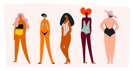 Five girls dressed in trendy swimsuits standing in various poses. Girl power concept. Female cartoon characters. Hand drawn colored vector set. All elements are isolated