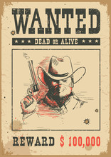 Wanted Poster.Vector Western Illustration With Bandit Man In Mask
