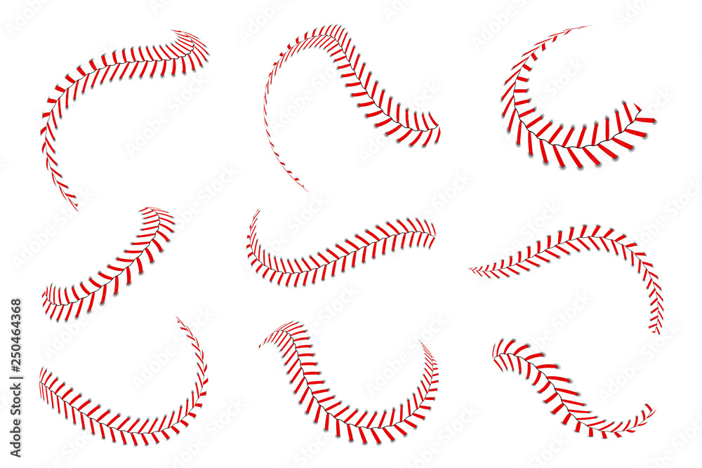 Baseball laces set. Baseball stitches with red threads. Sports graphic elements and seamless brushes. Red laces and stitches - obrazy, fototapety, plakaty 