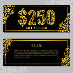 Wall Mural - Gift voucher template 250 USD. The inscription created from a floral ornament. Golden Letters on a black background with floral pattern. VIP design.